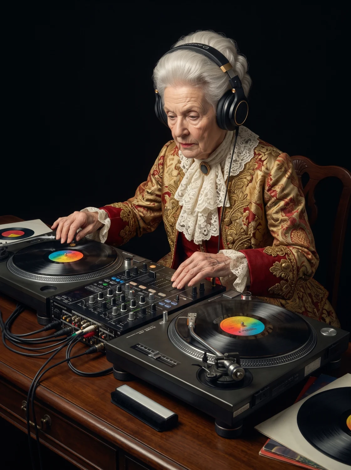 Señora mayor con traje de brocado y auriculares mezclando música con dos platos de vinilo