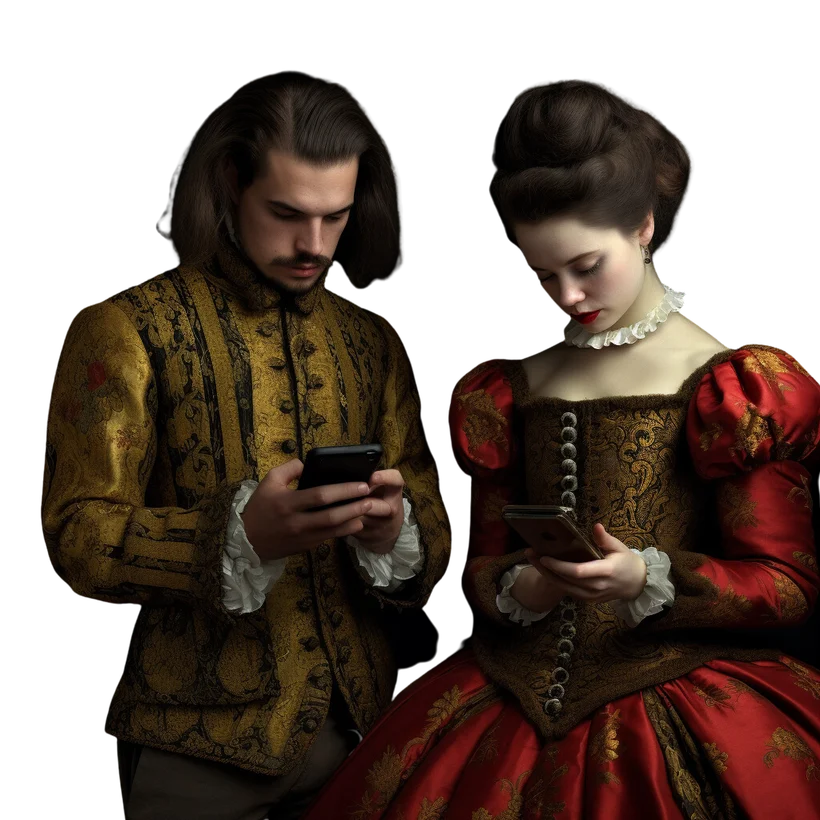Pareja con ropa de época mirando sus teléfonos móviles