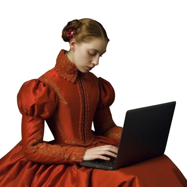 Joven con vestido rojo de época escribiendo en un ordenador portátil